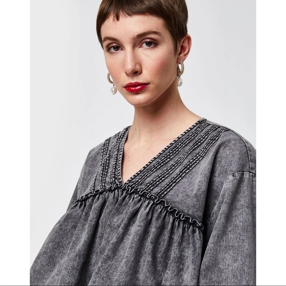 Free People Charlotte Gray Acid Denim Blouse Puff Sleeves XS Boho